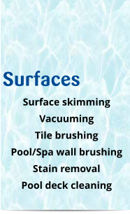Surfaces Surface skimming Vacuuming Tile brushing Pool/Spa wall brushing Stain removal Pool deck cleaning